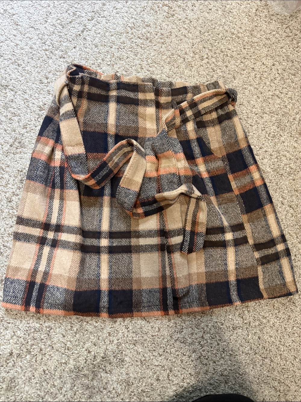 Plaid Tie-Waist Mini Skirt in Beige and Navy